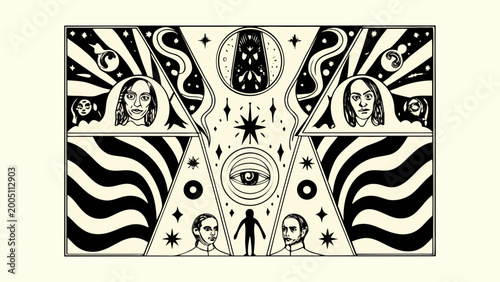 psychedelic illustration with portraits swirling patterns and symbolic eye design on a cream background high quality professional detailed
