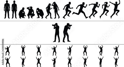 Bild auf Leinwand Silhouette, of, people, in, various, poses, including, running, crouching, jumpi