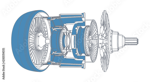 Billede på lærred Jet Engine Turbine Exploded View Blueprint Technical Drawing
