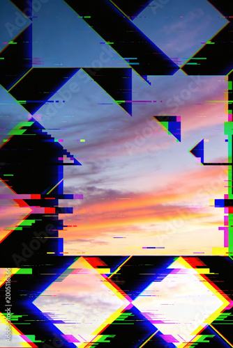 Abstract Digital Sky with Glitch Effect and Geometric Shapes