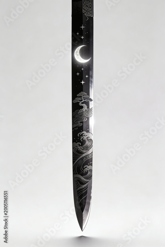 Decorative Sword Blade with Moon, Stars, Bonsai, and Ocean Wave Etchings