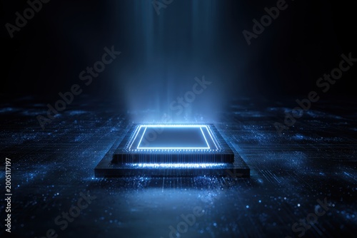 Futuristic microchip glowing with blue light in dark digital environment