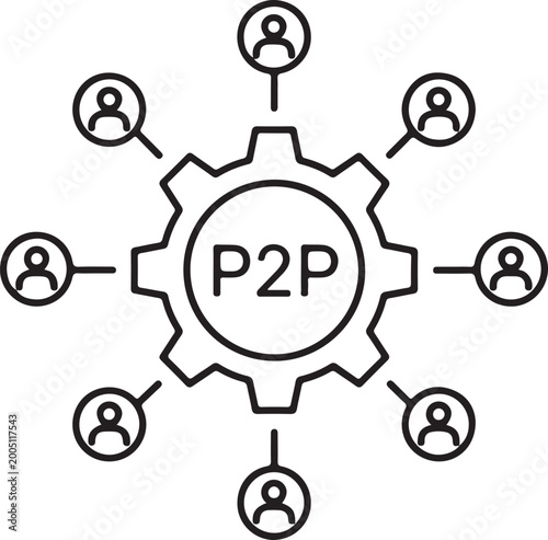 Schilderij op canvas Peer to peer p2p network connection diagram with nodes and lines isolated on whi