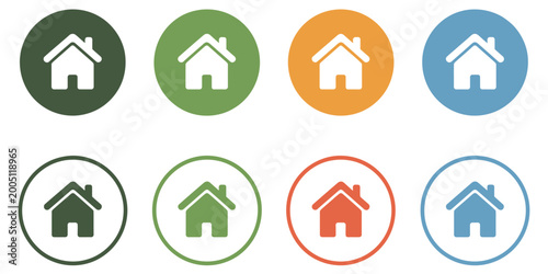Foto Web home icon house symbol for apps websites, main page navigation icon in circular shape, filled outline and stroke style variations, UI design vector illustration