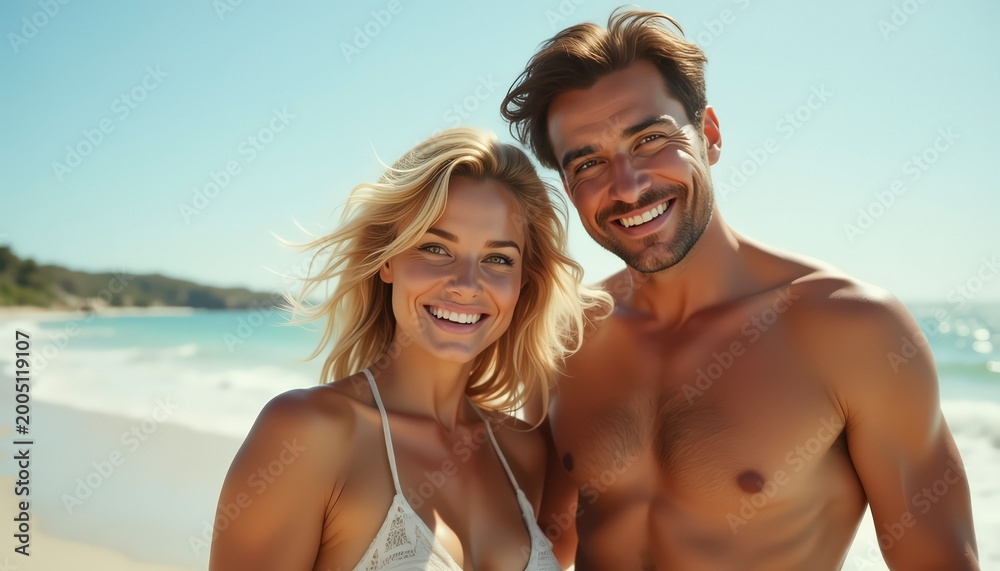 Fototapeta premium Happy couple enjoying a sunny day at the beach for relaxation or holiday travel inspiration