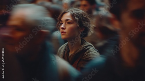 Woman standing still among moving crowd with motion blur effect