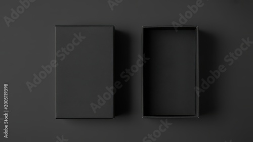 Black open gift box and lid top view mockup isolated on black background