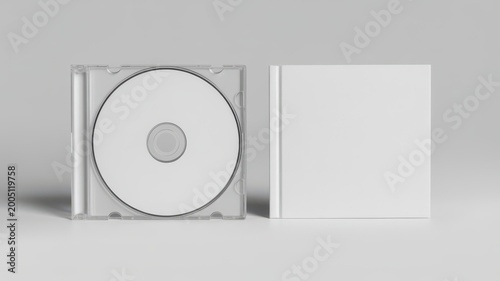 Blank CD jewel case mockup with disc and booklet on grey background