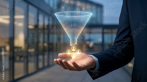 Businessman hand holding futuristic holographic sales funnel with icons representing leads and customers