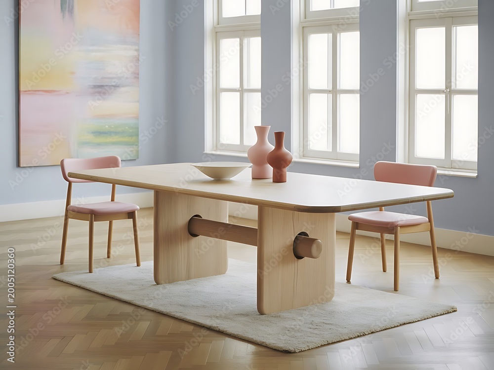 Fototapeta premium Modern light wood dining table set with pink chairs in a bright sunlit room