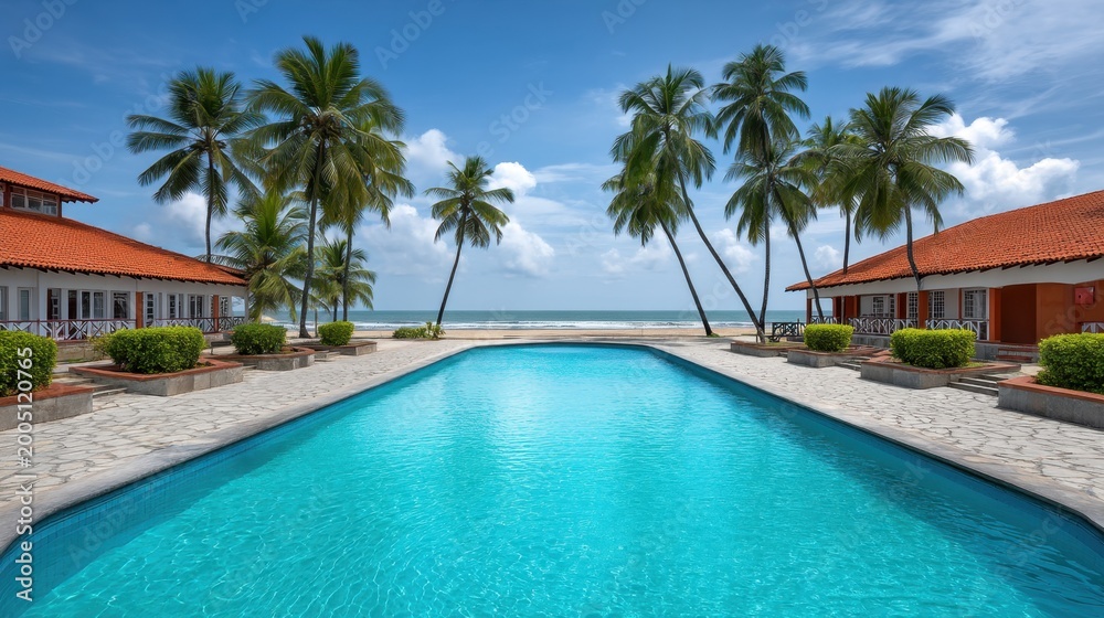 Fototapeta premium Scenic beachfront resort pool with palm trees and ocean view under blue sky during sunny day, tropical paradise for relaxation and vacation experiences