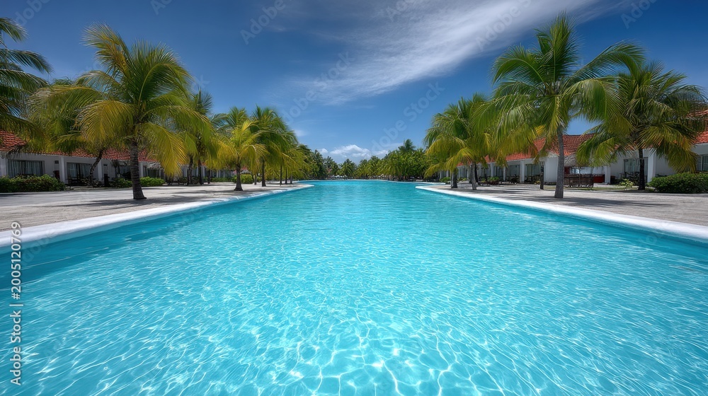 Fototapeta premium Serene Tropical Paradise with Crystal Clear Pool and Lush Palm Trees Under Bright Blue Sky