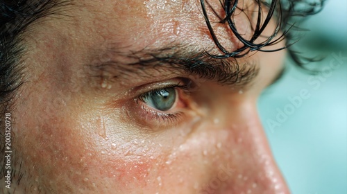 Male face glistening with sweat droplets, close-up on eye and skin texture conveying intense exertion, focus and endurance