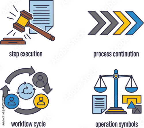 Legal icons set displays a gavel with documents, directional arrows, a circular team workflow cycle, and scales of justice, representing organized professional procedures and judicial operations.
