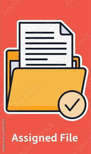 Folder icon containing a document with a checkmark indicates an assigned file status on a red background.
