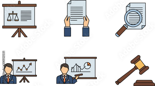 Businessman icons illustrate legal procedures, presentation data, and corporate document analysis in a professional graphic style.