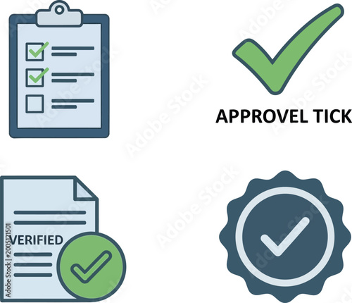Approval symbols and verified documents demonstrate quality assurance and successful completion of business tasks.