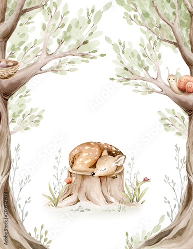 Watercolor cute baby bear and woodland nursery ready for use baby shower invitation party elements illustration for children with stump and acorn forest drawing with floral elements. 