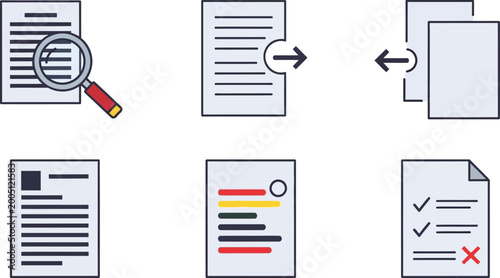 Documents and paperwork icons represent various administrative tasks and data analysis processes in a professional set.