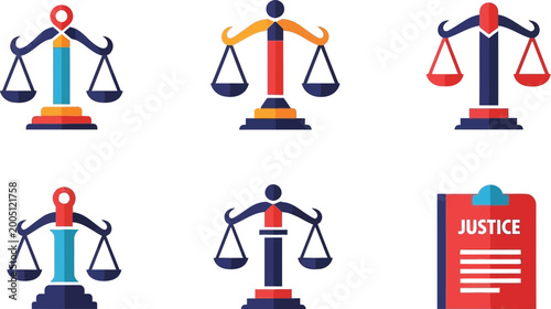 Scales of justice symbolize legal balance and fairness across a collection of professional icons.