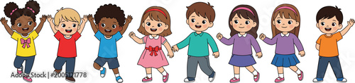 Happy diverse kids holding hands cartoon children friendship vector illustration collection