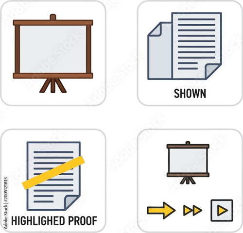 Presentation slides and document icons featuring visual aids assist in clear communication during corporate meetings and training sessions.