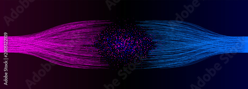Фотография Two fiber optic line bundles in magenta and blue converging at a central particle collision point on dark navy background, futuristic science vector illustration