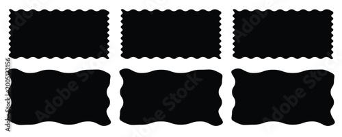 Set or rectangular shapes with squiggly borders. Tags, labels, stamps, crackers, coupons rectangle boxes with curvy, wiggly, wavy edges isolated on white background. Vector flat illustration.