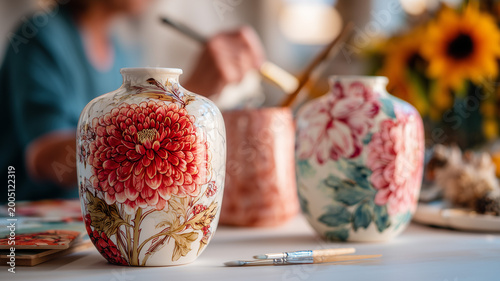 A detailed view of two artistic, hand painted floral vases in the foreground. one vase has a striking red flower design the other a softer pink bloom. Ai generated