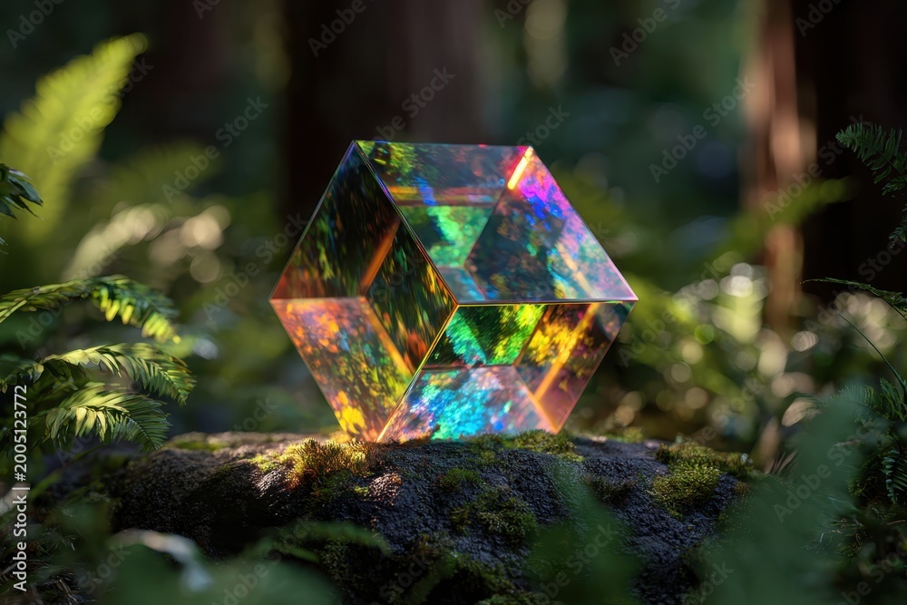 Naklejka premium Geometric crystal refracting light on mossy forest ground