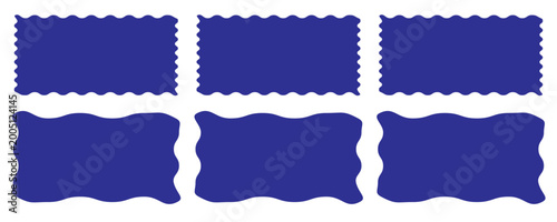 Set or rectangular shapes with squiggly borders. Tags, labels, stamps, crackers, coupons rectangle boxes with curvy, wiggly, wavy edges isolated on white background. Vector flat illustration.