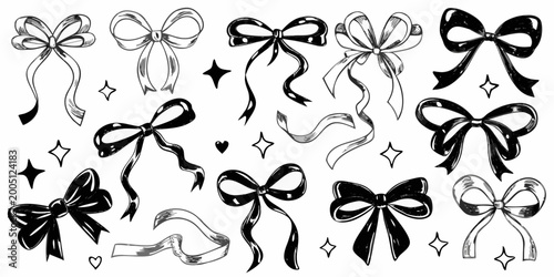 Tableau sur toile Hand Drawn Bows Set Black and White Vector Illustration