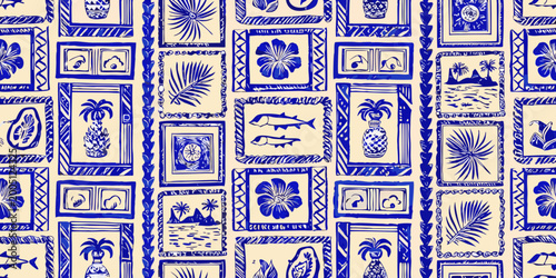 Photos seamless tropical pattern with blue botanical and animal illustrations