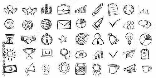 hand drawn doodle style business icons set black and white