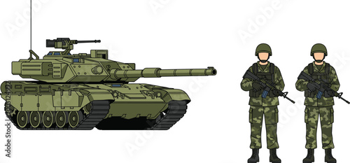 Obraz na plátne Military tank and armed soldiers set camouflage army defense vector illustration