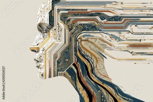 Abstract human head made of circuit board lines and wires