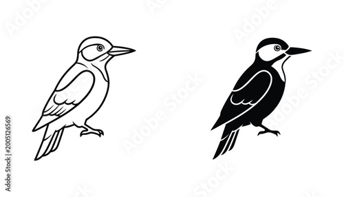 Fotografie Woodpecker bird icon profile view in vector illustration two styles outline and