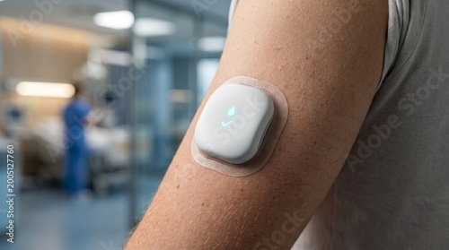 Futuristic sleek automated insulin pump patch on a patient arm
