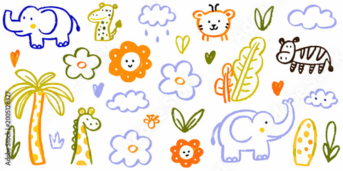 Canvas Print whimsical safari animal and floral doodles on white background