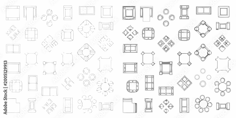 Obraz premium Furniture Top View Line Art Set On White Background