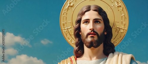 Majestic portrait of Jesus Christ with a glowing halo, set against a dramatic blue sky and soft clouds, embodying divine spirituality and peace.