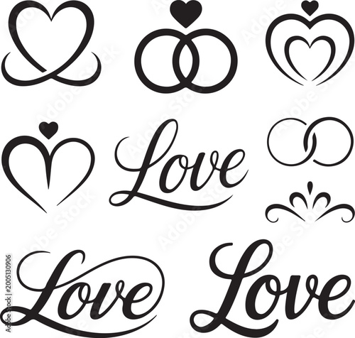 Elegant black and white love vector design with minimal hearts and clean line art style, perfect for modern branding, wedding cards, posters and social media, fully editable scalable artwork