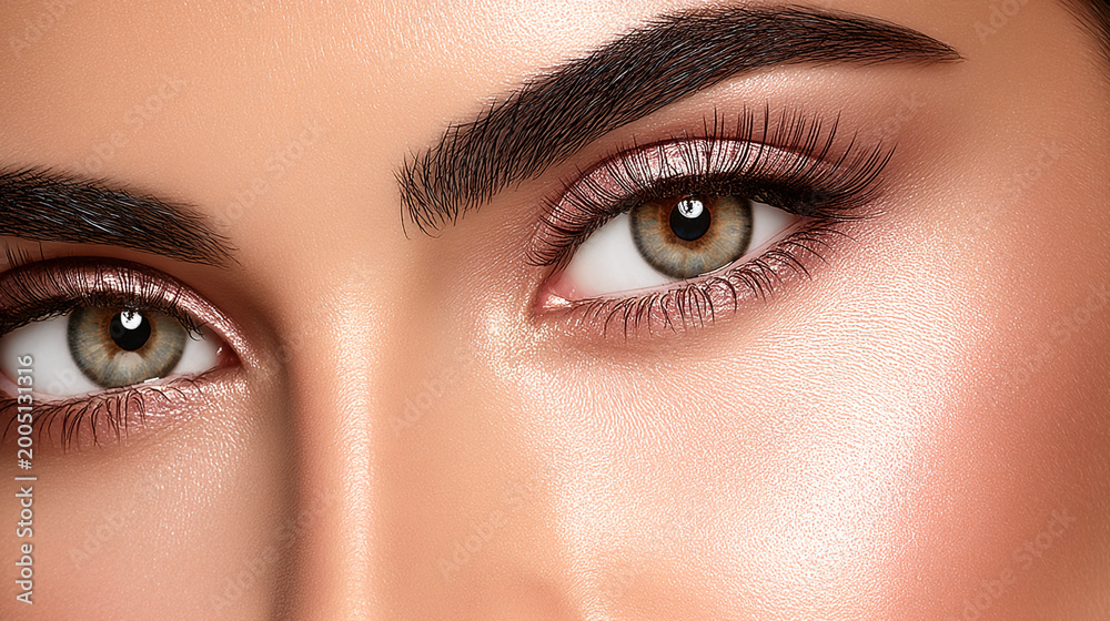 Naklejka premium Close-up of a woman's eyes with glittery eyeshadow and defined brows, make