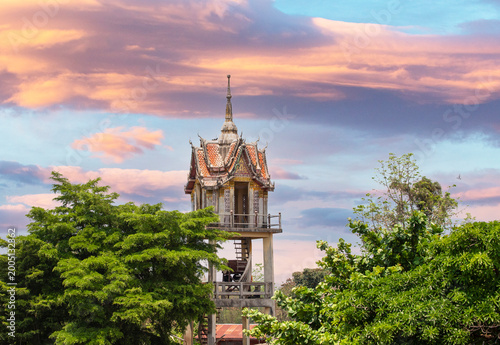 Beautiful Thai-style bell tower with intricate roof carvings and traditional architecture at Wat Hat Siao,Si Sathanalai,Sukhothai province.