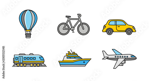 Quadro su tela Colorful vector icons illustrating various modes of transportation including air, land, and sea vehicles on a white background