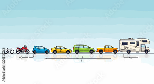 Tablou pe pânză A visual comparison of various vehicles, from a bicycle to a large RV, illustrating their relative sizes and lengths