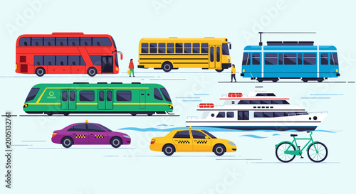Картината върху платно A diverse collection of modern public and private transportation vehicles, including buses, trains, a tram, a ferry, cars, and a bicycle, set against a light blue background