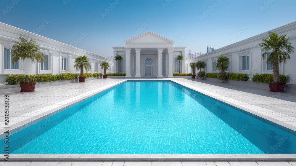 Fototapeta premium Serene Luxury Poolside View with Modern Architecture Surrounded by Lush Greenery Under Clear Blue Sky in Daylight