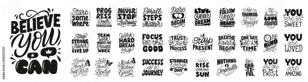 Naklejka premium Hand Lettered Motivational Quotes Bundle with Positive Affirmations, Self Love Phrases
