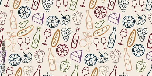 French bistro themed seamless pattern with wine fruit and cheese